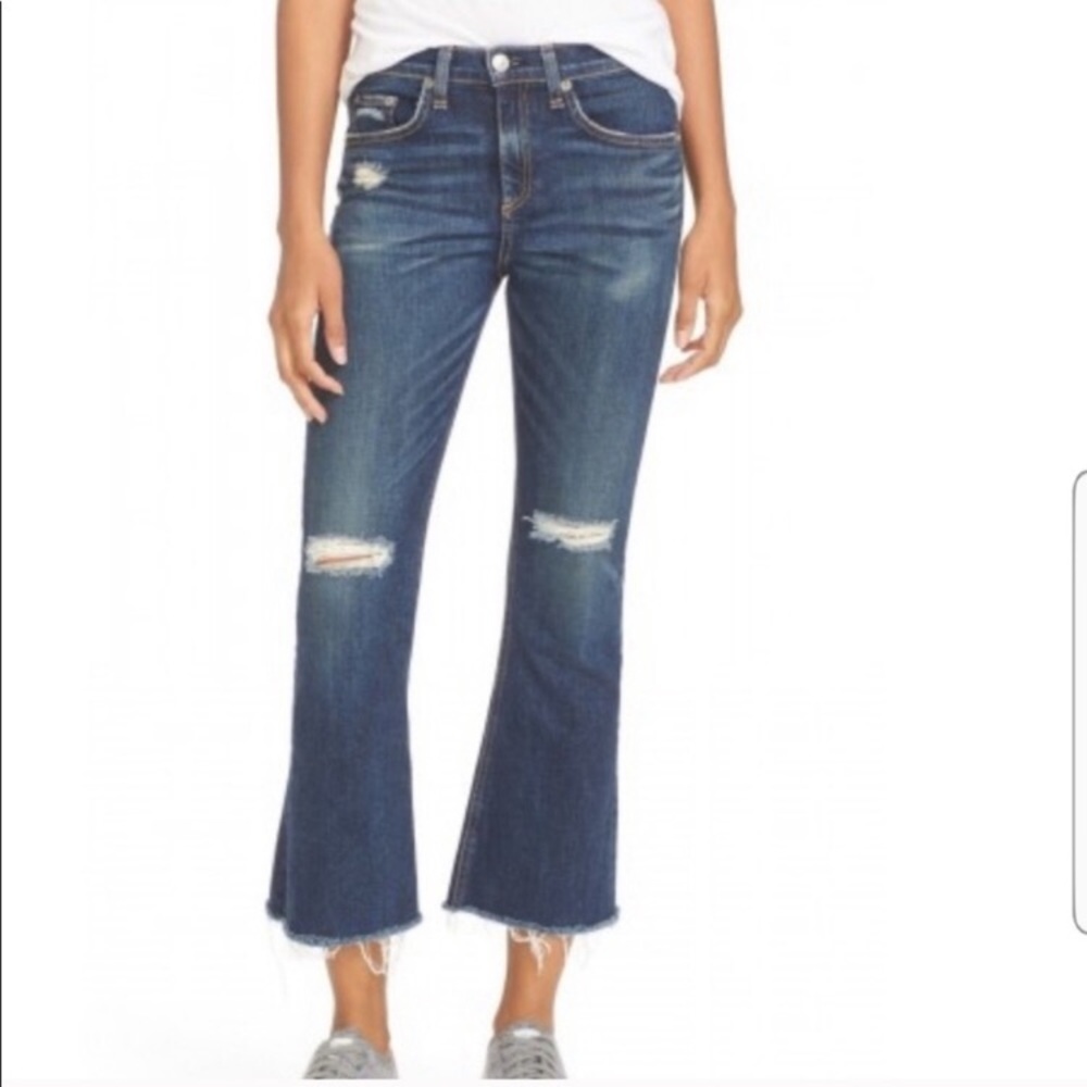 Rag & Bone 10 inch crop flare dark distressed jean